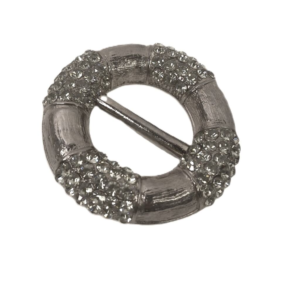 Vintage Rhinestone Circular Belt Buckle Silver Tone Mid Century Scarf Sash Slide
